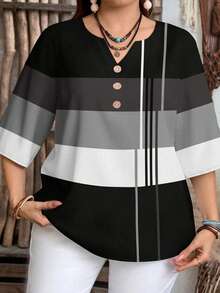 EMERY ROSE Plus Size Casual Contrast Striped Shirt, Suitable For Summer Spring - Multicolor - View 5