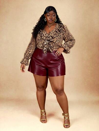 CurvyTilda 大码时尚豹纹荷叶边衬衫