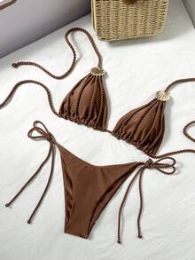 Bộ bikini tam giác gợi cảm 2 mảnh Swim Vcay màu trơn với dây thừng kim loại và trang trí vỏ sò, thích hợp cho mùa xuân/hè. - Cà phê nâu - Xem 1