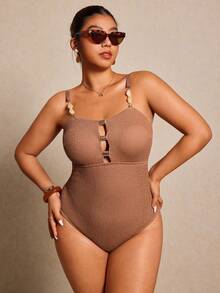 Elaquor 大码女式纯色镂空性感吊带连体泳衣 - 卡其色 - 查看 4
