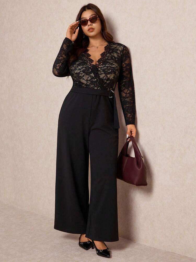 SHEIN Elaquor Tuta jumpsuit sexy e alla moda in pizzo e fantasia patchwork per taglie comode - nero - Visualizzare 4
