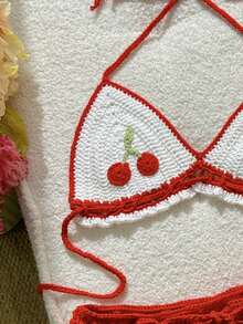 Swim Mod Women's 2pcs Cherry Pattern Halter Neck Sleeveless Red And White Coverup Set, Summer,Sweet,Cute,White Top,Spring Break Outfits - Red - View 6