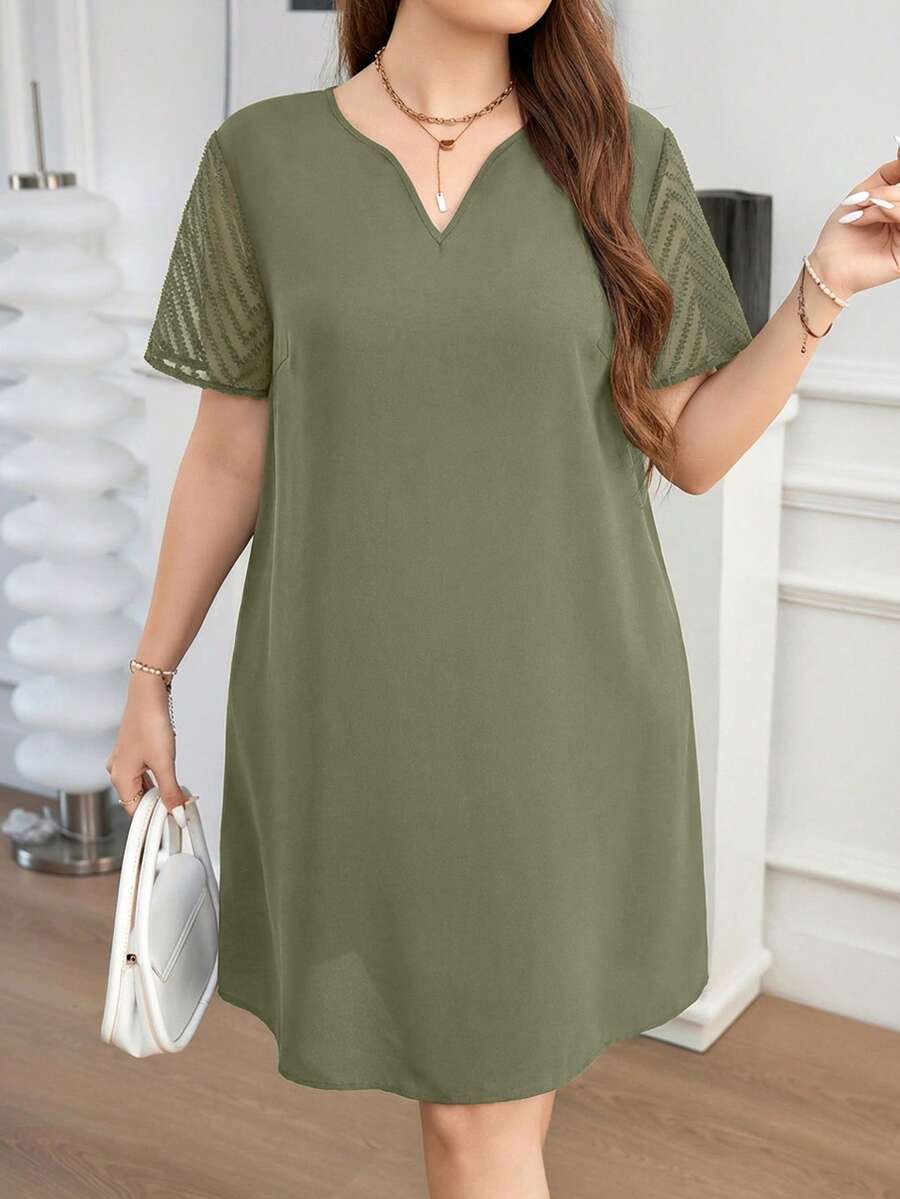 SHEIN Clasi Đầm midi dáng rộng, cổ chữ V, phối lưới, tay ngắn, dành cho nữ cỡ lớn. - Màu xanh Bạc hà - Xem 1
