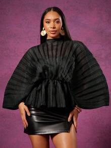 Vixey Sheer Mock Neck Long Sleeve Peplum Hem Pleated Textured Organza Top - Black - View 2