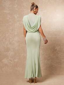 Lumalex Elegant Sage Green Summer Party Dress For Women,High-End Knitted Ruched Draped Waist Fitted Slim Luxury Gala Night Wedding Prom Graduation Gown - Olive Green - View 3