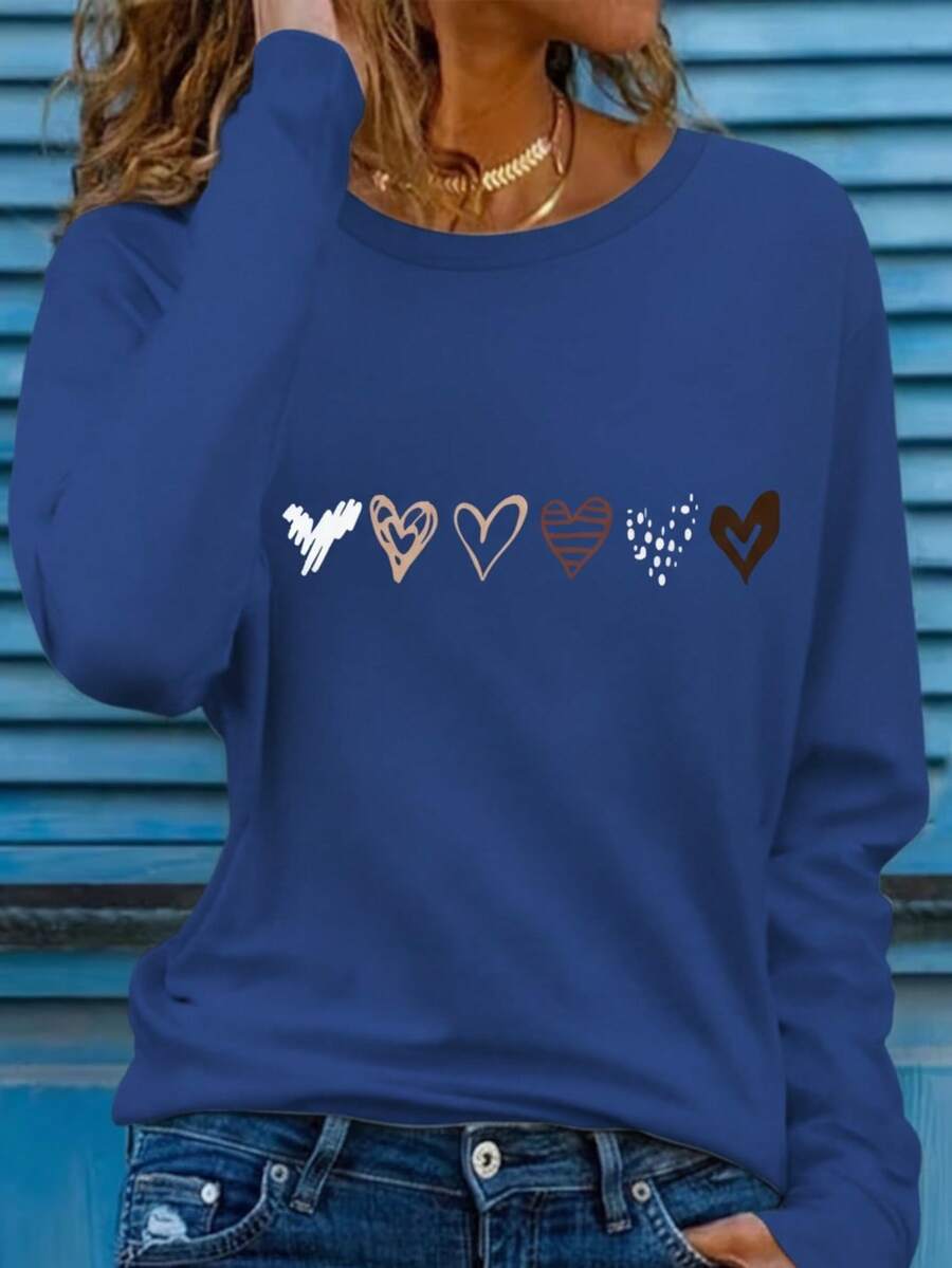 Mujer casual camiseta estampado gráfico love corazón amor día san valentín cerezas cereza enamorados pareja linda tierna cute rayas rayones dibujo letras creativo ajuste regular cuello redondo manga larga primavera erano uso diario comoda fresca ligera - Azul Marino - Ver 1