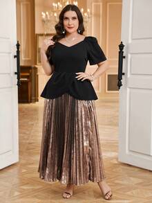 Gownix Curvy Plus Size Women's Elegant Black Summer Satin Dress,Shiny Pleats Stitching Dinner Formal Party Ball Gown,Waist Graduation Prom Dresses - Multicolor - View 7