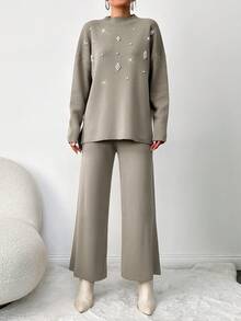 EURMUSE Knitted Rhinestone Studded Drop Shoulder Sweater And Knit Pants Set - Camel - View 4
