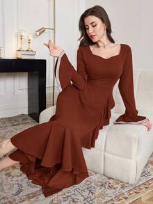 Modelyn Women's Extra Long Flare Sleeve Asymmetrical Ruffle Hem Midi Dress,Coffee Brown Autumn Elegant Dining Spring/Summer Brown Coffee Brown Dress - Rose Red - View 4