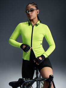 Powerista Women's Neon Green Stand Collar Zip-Up Fitted Cycling Jersey - Neon - View 7