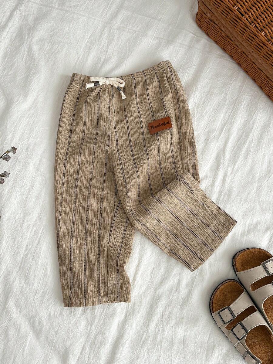 SHEIN Unisex Baby/Toddler Khaki Striped Casual Wide Leg Pants, Comfortable & Fashionable For Spring/Summer - Khaki - View 1
