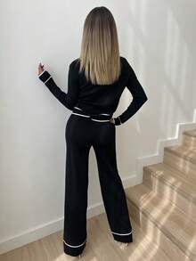 Manon Tanti 2 件套女士撞色纽扣前口袋长袖上衣和裤子套装秋冬两件套 - 黑與白 - 查看 2