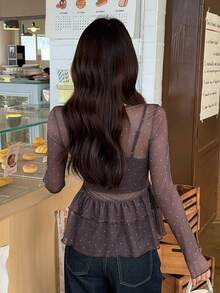 DAZY Women's Casual Sheer Polka Dot Print Long Sleeve T-Shirt,Going Out Tops For Women - White - View 4