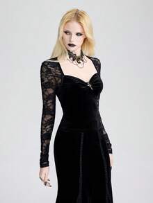 Breakform Women's Elegant Goth Black Velvet T-Shirt,Autumn Retro Lace Spliced Square Neck Front Ruffle Metal Cross Long-Sleeve Slim Short Top For Night Out - Black - View 1