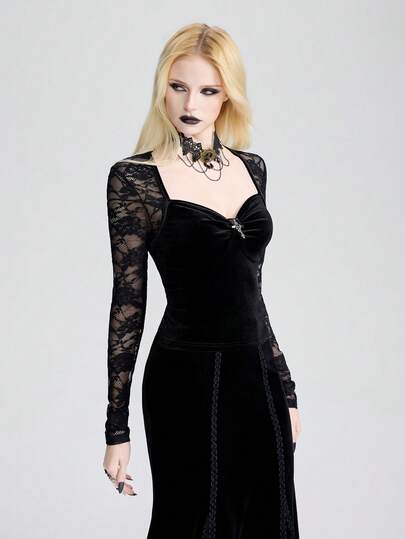 Breakform Women's Gothic Retro Sexy Lace Spliced Velvet Fabric Square Neck Front Ruffle Decorated Metal Cross Long-Sleeve Slim Short T-Shirt, Black Velvet Sexy T-Shirt, Suitable For Daily Outings And Dates