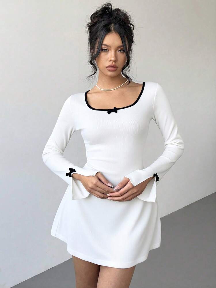Aloruh Vestido mini elegante de mujer con cuello, bloque de color, lazo decorativo, mangas acampanadas y cintura ceñida, adecuado para el trayecto de primavera/otoño - Blanco - Añade 6