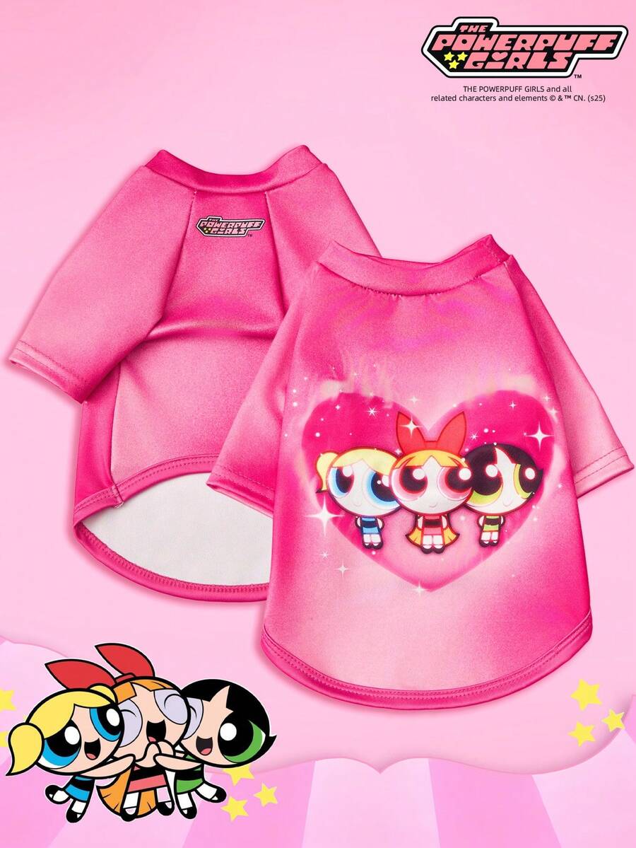 THE POWERPUFF GIRLS X PETSIN 1件可爱大眼睛女孩三人组卡通印花宠物T恤 玫瑰红 亲肤透气宠物服装 - 玫紅色 - 查看 1