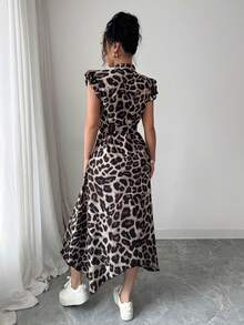 Rafferiza 豹纹领系带腰身不对称下摆短袖衬衫裙（女款） - 棕色 - 查看 2