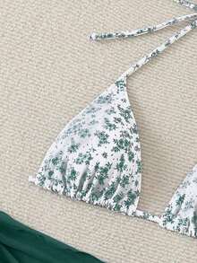 Swim Mod Women's Summer Beach Ditsy Floral Halter Tie Sexy Bikini Set With Coverup And Skirt - Green - View 5