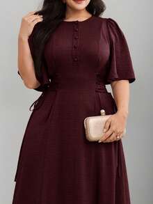 Modelyn Plus Size Women Solid Color Button Half Placket Ruffle Sleeve Waist Tie Elegant Dress - Burgundy - View 5