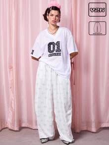 COUREZ Teddy Lovers Baggy Balloon Trousers With Frill Waist /Y2K Summer Going Out Streetwear Summer Cute Vintage - White - View 1