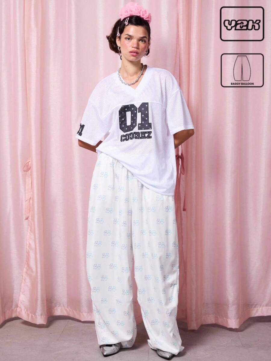 COUREZ Teddy Lovers Baggy Balloon Trousers With Frill Waist /Y2K Summer Going Out Streetwear Summer Cute Vintage - White - View 1