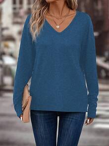 EMERY ROSE 女士休闲百搭简约V领长袖T恤，秋冬款 - 藍色 - 查看 3