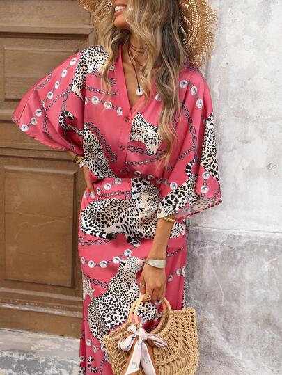 Brillora Women's Vacation Leopard Print Single-Breasted Batwing Sleeve Shirt And Mini Skirt 2 Pieces Set,Summer Holiday Outfits,Holiday Outfits For Women,Summer Vacation Outfits,Casual Women Outfits,Casual Sets For Women,BOHO,Summer Outfit For Women,BOHO Style,Leopard Print,Sequin,Elegant Women's Set,Valentine Outfits For Women,Vacation,Vacation Style,BOHO,