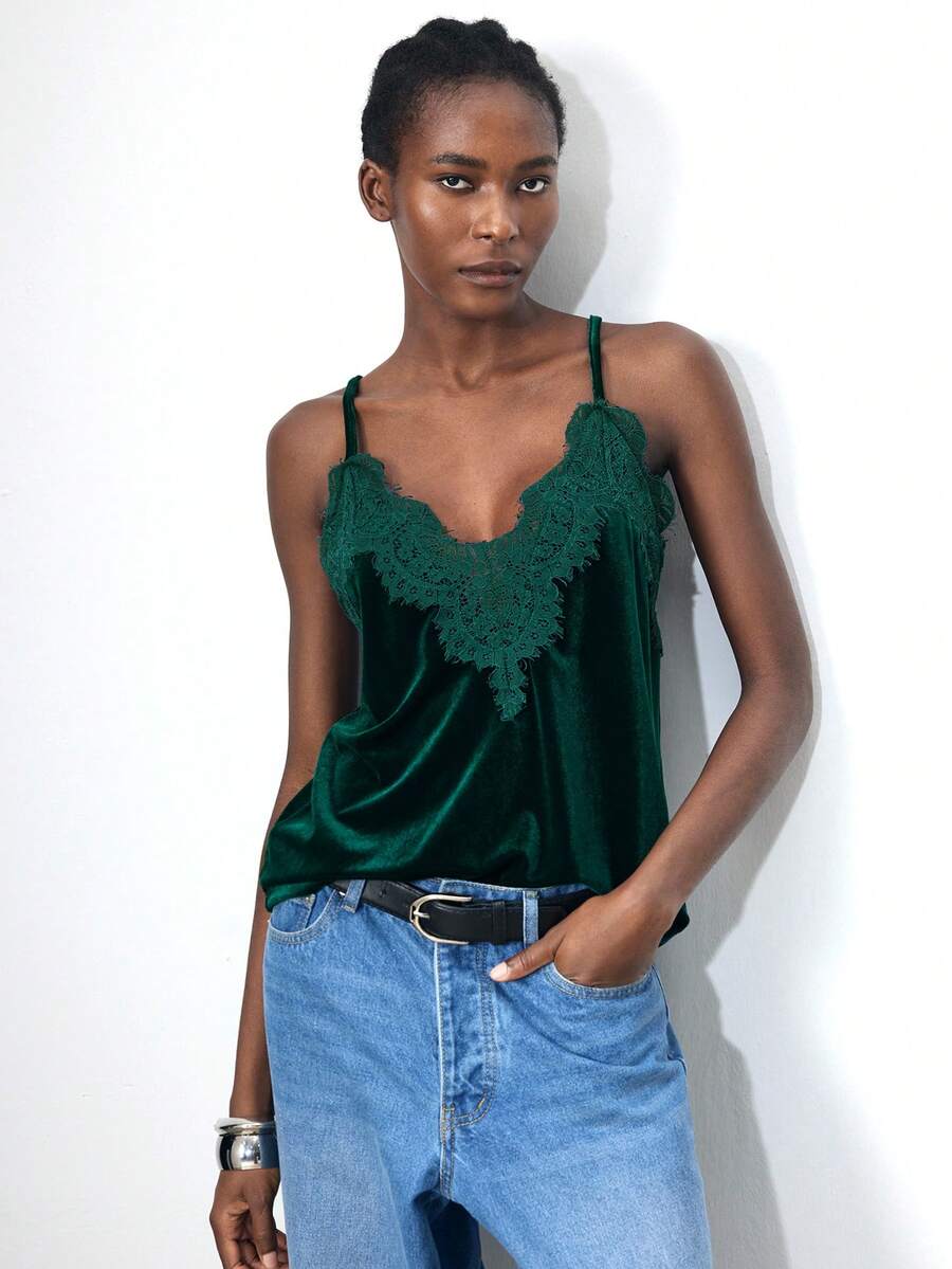 Maija 女士圣诞派对蕾丝拼接天鹅绒黑色吊带背心，适合秋冬季、情人节、节日、独立日、圣若昂节、毕业典礼、假日等场合。 - 墨綠色 - 查看 1
