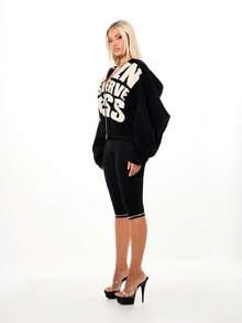 SUMWON WOMEN 宽松版型超大黑色拉链连帽衫，饰有大号图案印花和混合文字设计，秋冬街头风，适合情人节穿着。 - 黑色 - 查看 5