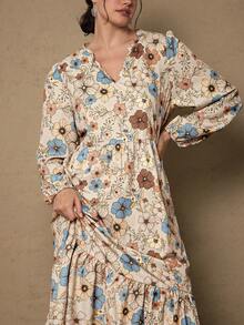 SHEIN LUNE 大码女士秋冬飘逸舒适修身印花长袖连衣裙，V领设计，适合冬季穿着，也可作为万圣节服装、娃娃款长裙、休闲外出服、教师装等。 - 彩色 - 查看 5