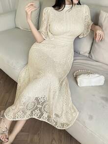 Modelyn Women's Solid Color Lace Turtleneck Short Sleeve Dress Lace Maxi Dress Lace Dress For Women French Style Dress Elegant Lace Dress - Apricot - View 5