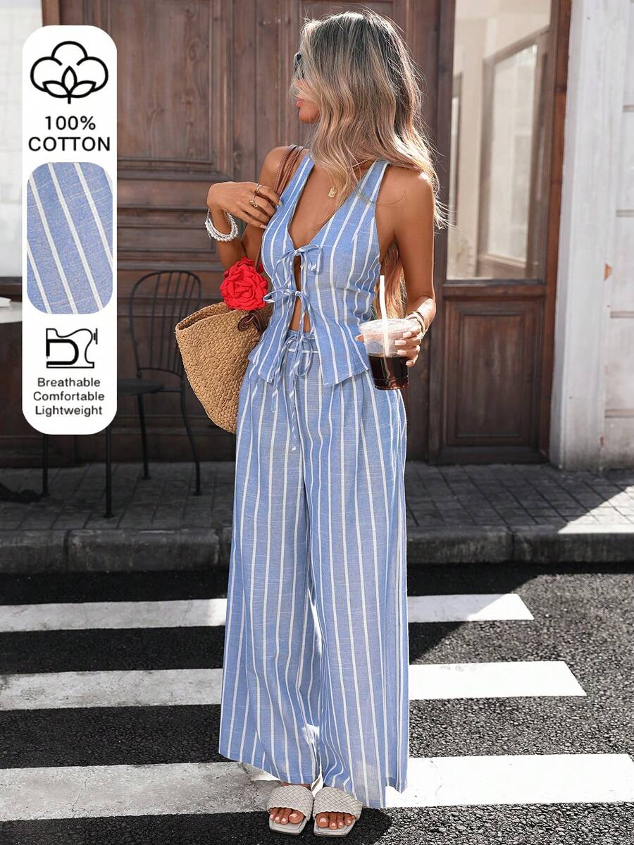 Pariaura Women's French Casual Vacation Minimalist Halter Backless Bow Tie Cardigan Shirt And High Waist Belted Straight Leg Casual Striped Cotton 2-Piece Set, Spring/Summer - Blue - View 1