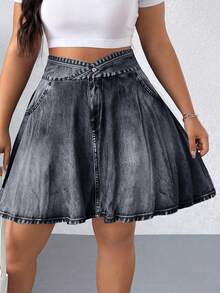 Elenzga 大码女装时尚休闲浅蓝色牛仔印花高腰显瘦短裙，弹力面料，适合运动、户外跑步和日常休闲穿着 - 黑色 - 查看 3