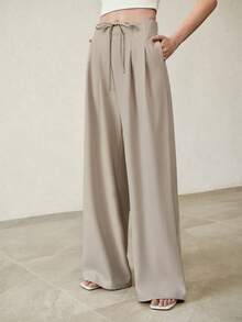 MOTF PREMIUM WOMEN'S SPRING/SUMMER TIE WAIST FOLD PLEATED WIDE LEG TROUSERS, 2026 NEW NICHE DRAPE SUIT PANTS - Khaki - View 1