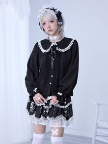 ROMWE EDITION 女士时尚甜美蕾丝边彼得潘领衬衫 - 黑色 - 查看 7