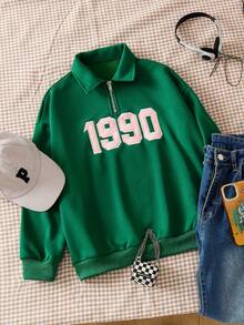 少女休闲街头风刺绣字母“1990”复古红色文字街头服饰Polo衫 - 綠色 - 查看 1