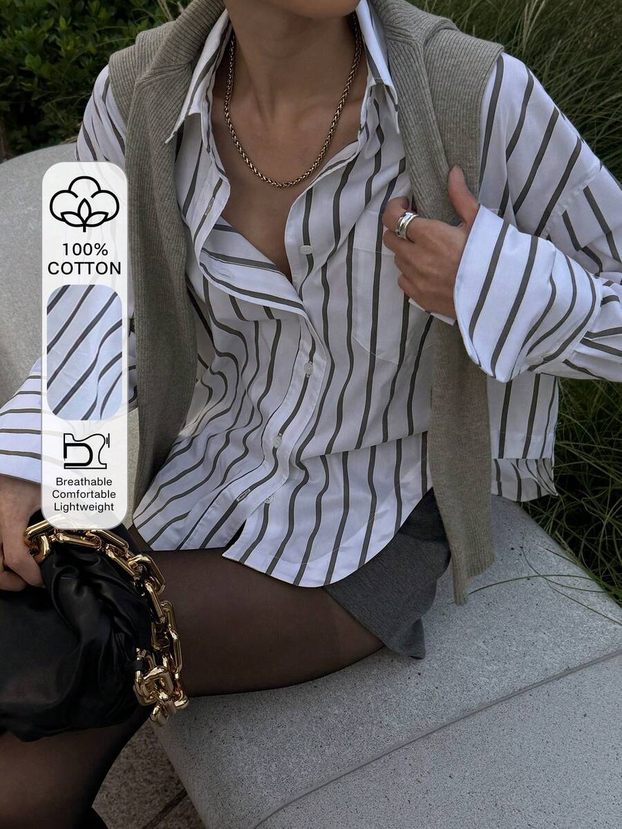 DAZY 超大条纹街头风长袖女式衬衫 - 藍色 - 查看 1