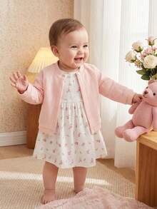 Souflis 2pcs Baby Girls' Ditsy Floral Sweater Jacket And Dress Set, Spring/Autumn - Baby Pink - View 2
