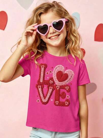 Niña camiseta casual diseño LOVE corazón estampado tridimensional tejido suave ajuste regular primavera verano uso diario T‑shirt