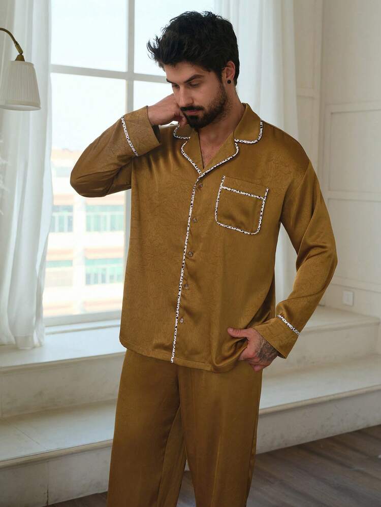 Men's Satin & Satin Contrast Trim Loungewear Set, Brown, Spring/Autumn
