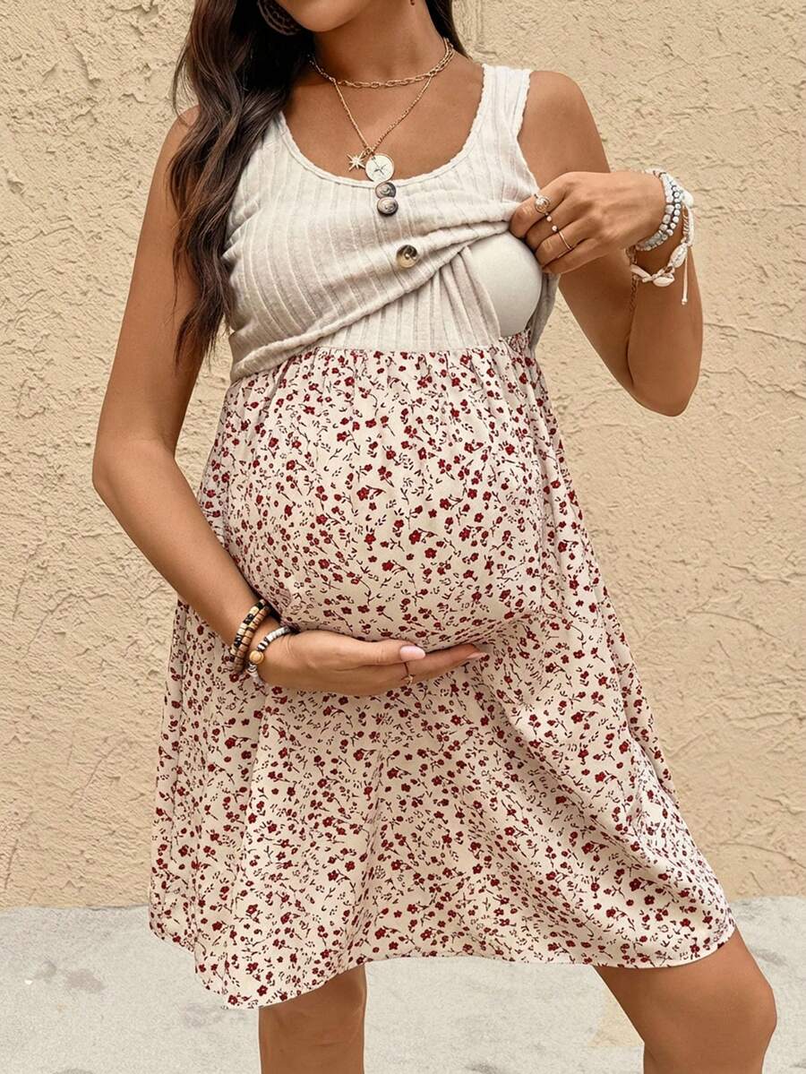 SHEIN Đầm bầu họa tiết hoa phối hợp, kiểu dáng thường ngày, thích hợp cho việc cho con bú. - Nhiều màu - Xem 1