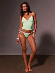 Women's Summer Vacation Beach Plaid Halter Neck Bikini Set - Green - View 3