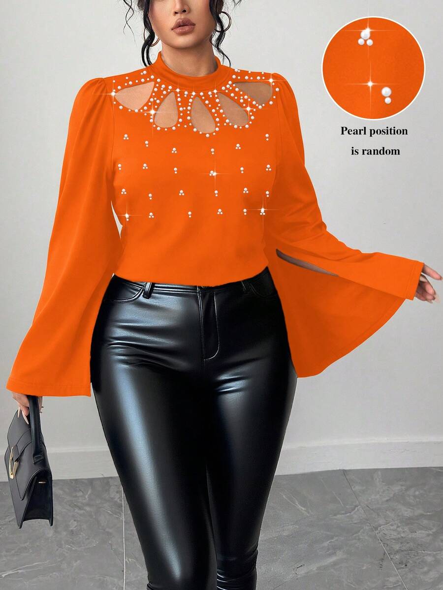 Elenzga Áo thun cỡ lớn thanh lịch với chi tiết ngọc trai giả và cổ khoét rỗng - trái cam - Xem 1