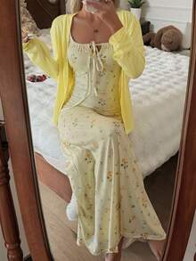 CottageSlumber 两件套碎花无袖连衣裙配披肩，轻盈柔软家居服套装，适合户外穿着，春夏款 - 黃色 - 查看 5