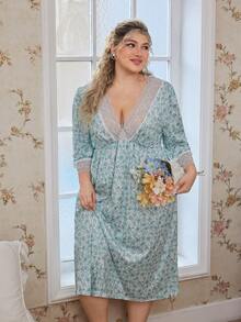 CottageSlumber Camisón de talla grande con estampado floral fresco, cuello en V y parches de encaje - Verde - Ver 6