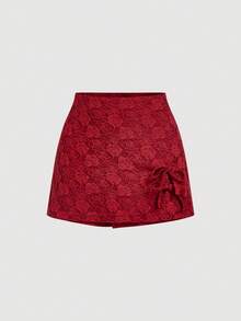 SHEIN MOD 女士优雅纯色蝴蝶结装饰提花阔腿裤 - 紅色 - 查看 5