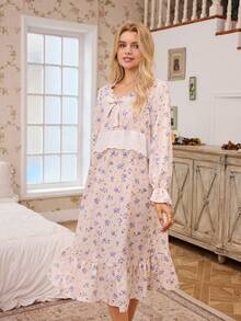 Women's Beige Night Dress With Floral Print Ruffle Hem Midi Length Square Neck And Flare Long Sleeves - Beige - View 1