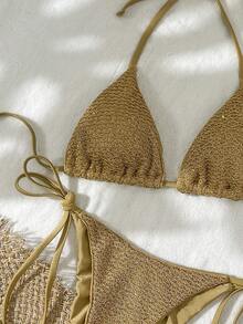 Swim MOD 两件式亮片纹理挂脖三角胸罩侧系带比基尼泳衣套装，性感女士夏季度假泳装 - 棕色 - 查看 5