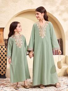 SHEIN رمضان جلابيه   Tween Girls' Casual Round Neck Short Sleeve Dress  الملابس التقليدية العربية - Green - View 8
